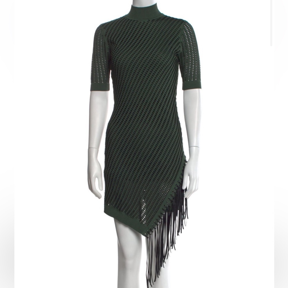 Jonathan Simkhai Dark Green Open-Knit Asymmetric Fringe Dress